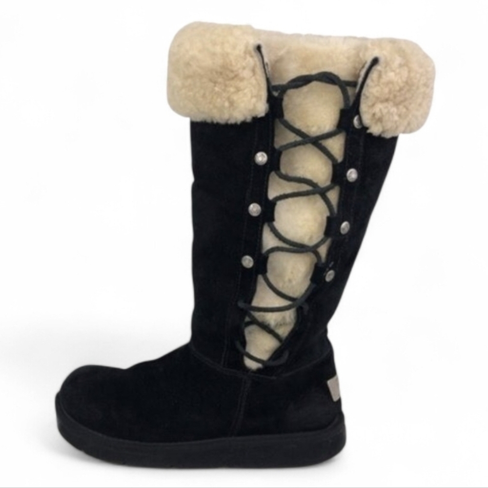 UGG Australia Upside 5163 Black Suede Tall Lace Up Shearling Boots Size 7